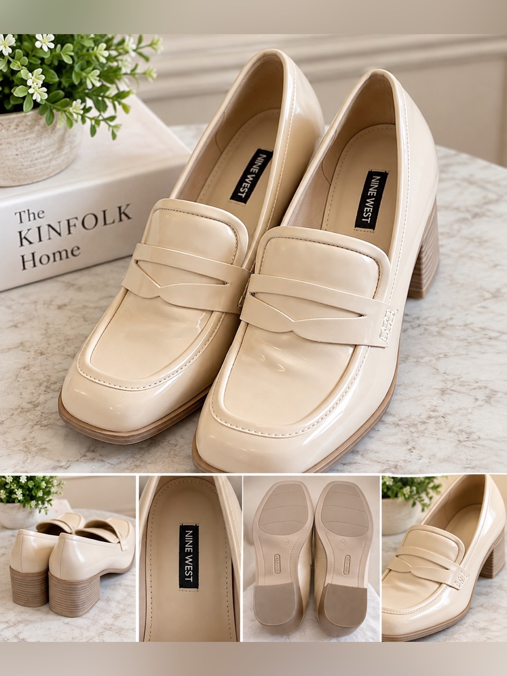 Nine West Cream Patent Loafer Block Heels
